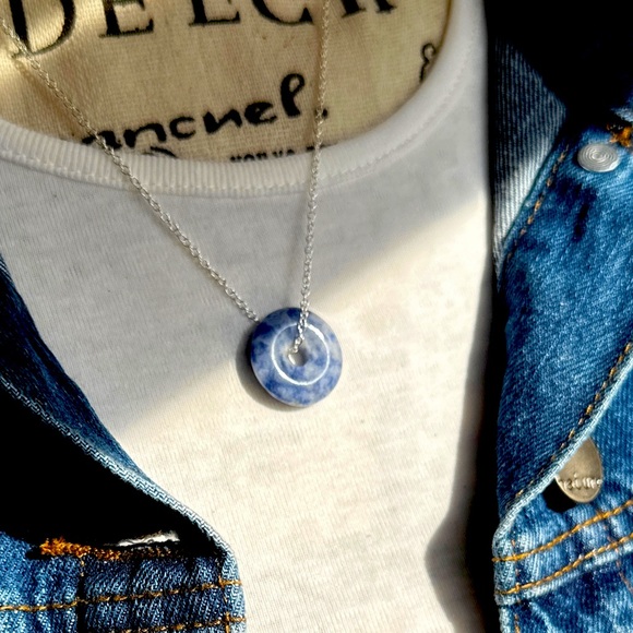 Sodalite carved donut sterling silver pendant necklace/worry stone - Picture 2 of 5